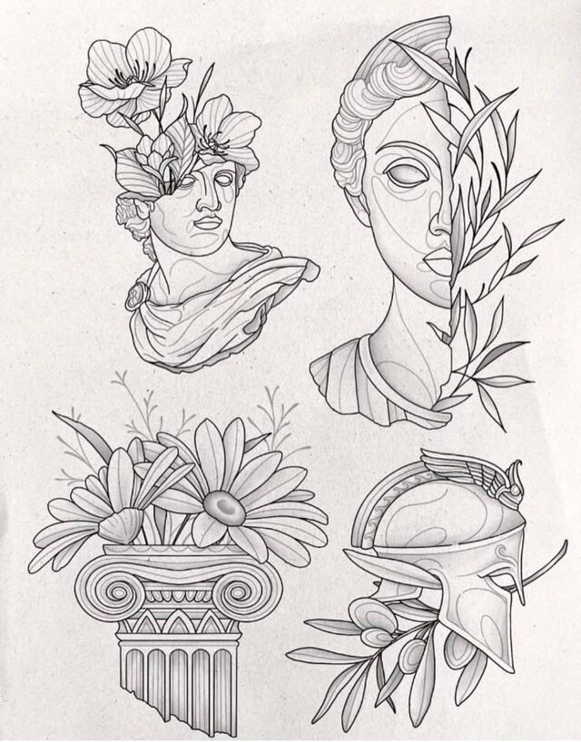 Flash sheet of two classical busts, a flowering column and a crested helmet