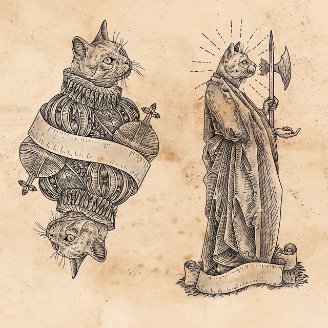 Flash sheet of two cats in courtly dress, one drawn like a mirrored playing card and one in a robe holding a halberd