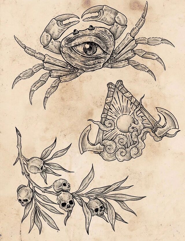 Flash sheet of a crab with an eye on its shell, a sun between two axes and a branch bearing skulls