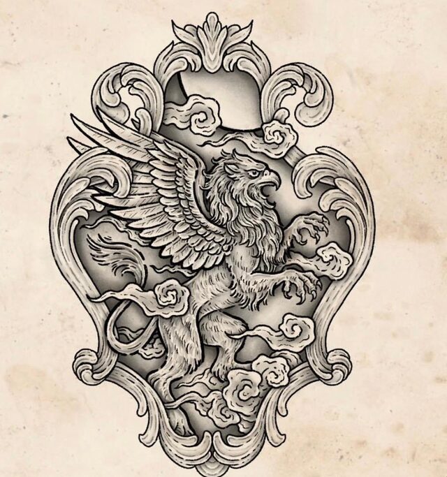 Pencil and ink drawing of a griffin rearing inside a baroque cartouche with clouds