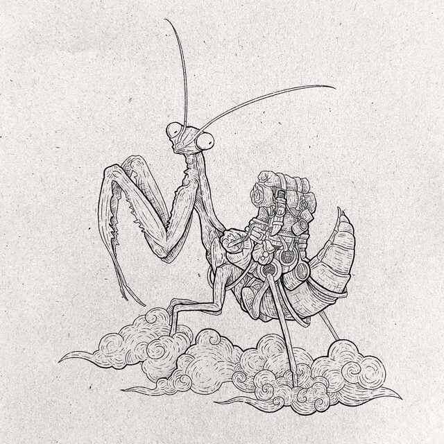 Etched drawing of a praying mantis standing on clouds