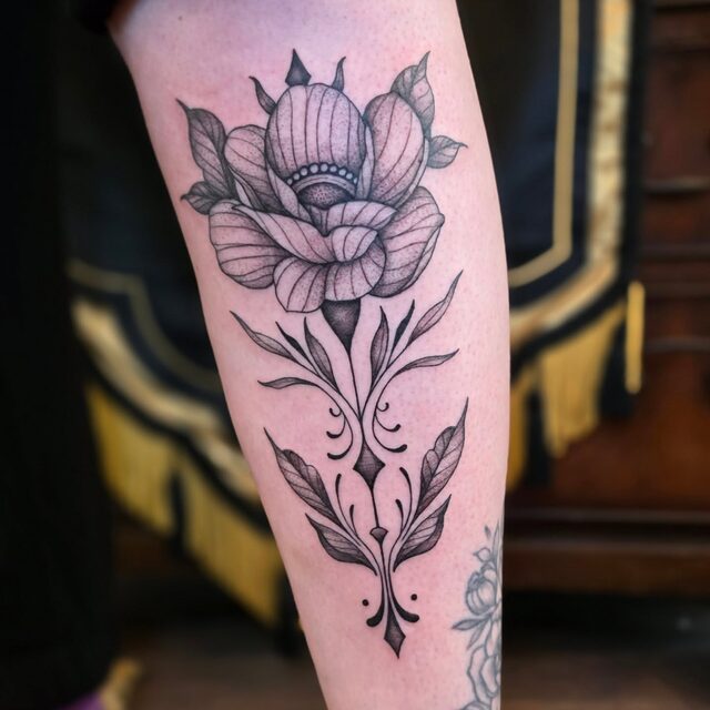 Black and grey tattoo of a peony above an ornamental flourish