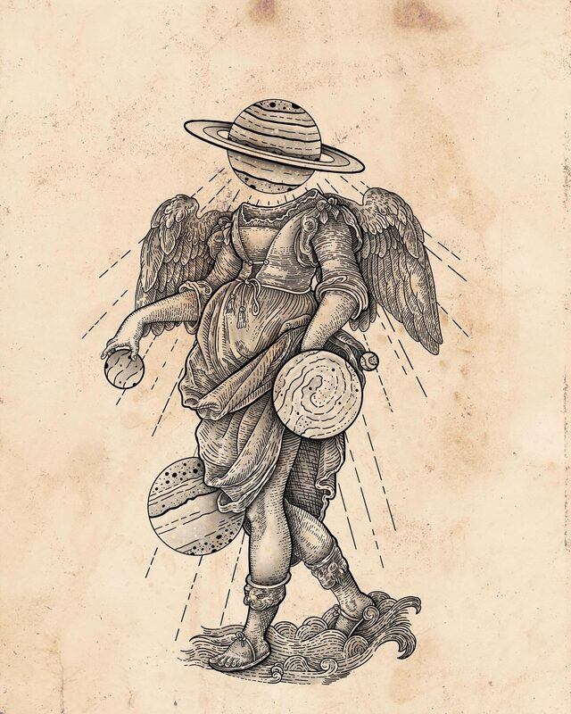 Etched drawing of a winged angel in robes with the planet Saturn for a head, carrying planets