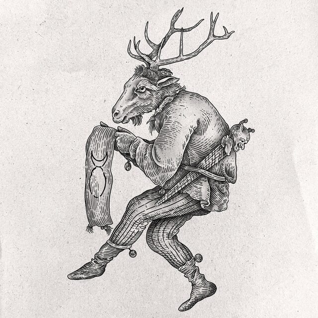 Etched drawing of a dancing figure with a stag’s head and antlers, in striped hose, with a small creature on his back